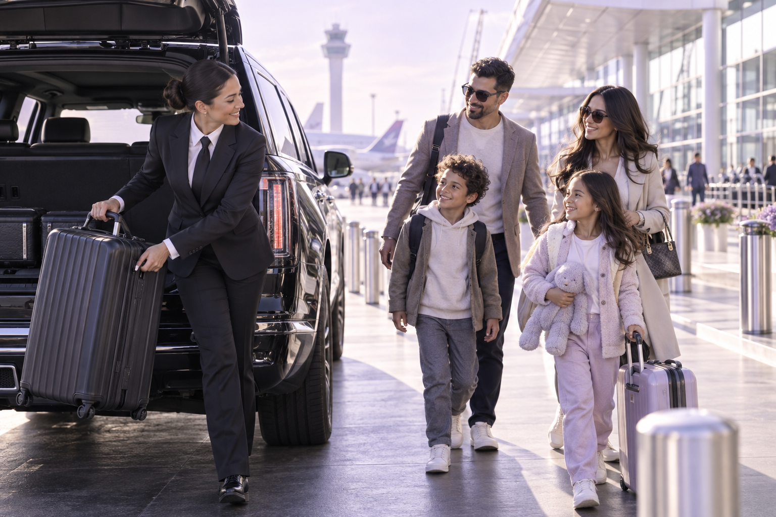 Professional chauffeur helping a family with luggage at an airport