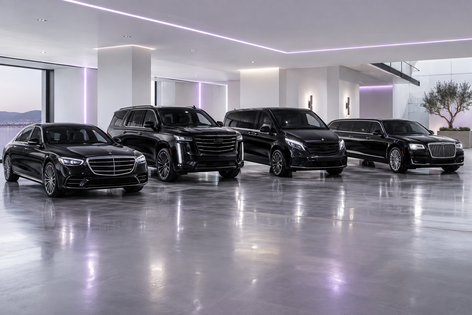Luxury black sedan, SUV, minivan and executive vehicle fleet